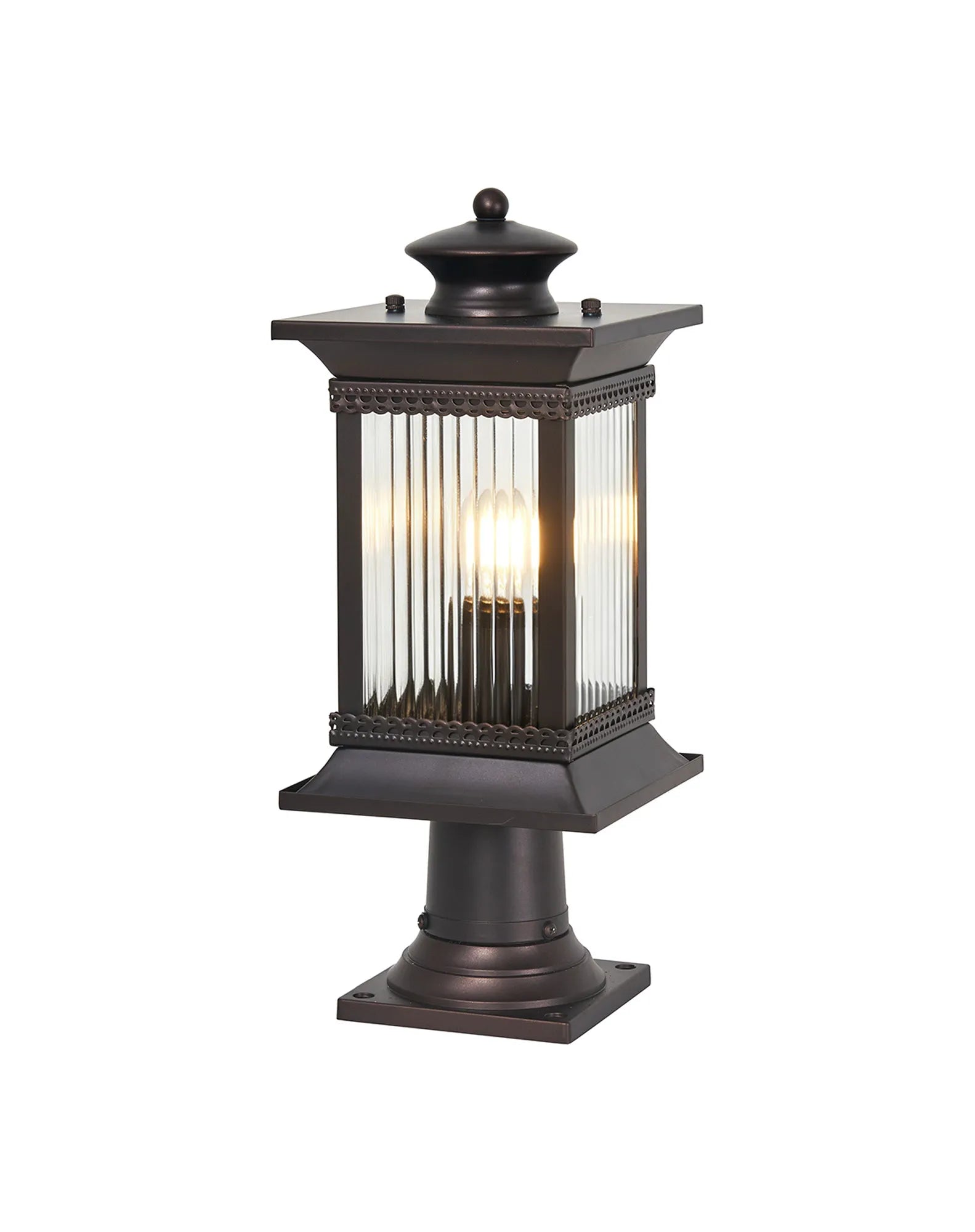 Fuller Traditional Pedestal / Post Lamp, 1 x E27, IP54, Oil Rubbed Brass (Bronze) /Lined Glass