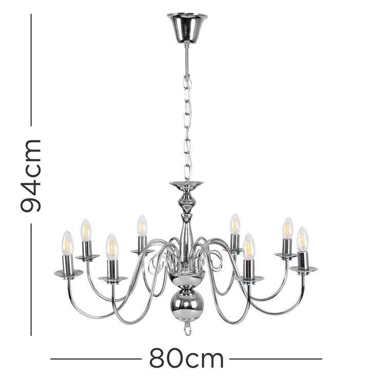 lse - Gothica 8 Way Chromed Ceiling Light with Curved Arms, Chain Fixing, 8x E14 (22130) - Luminosity Designs Ltd