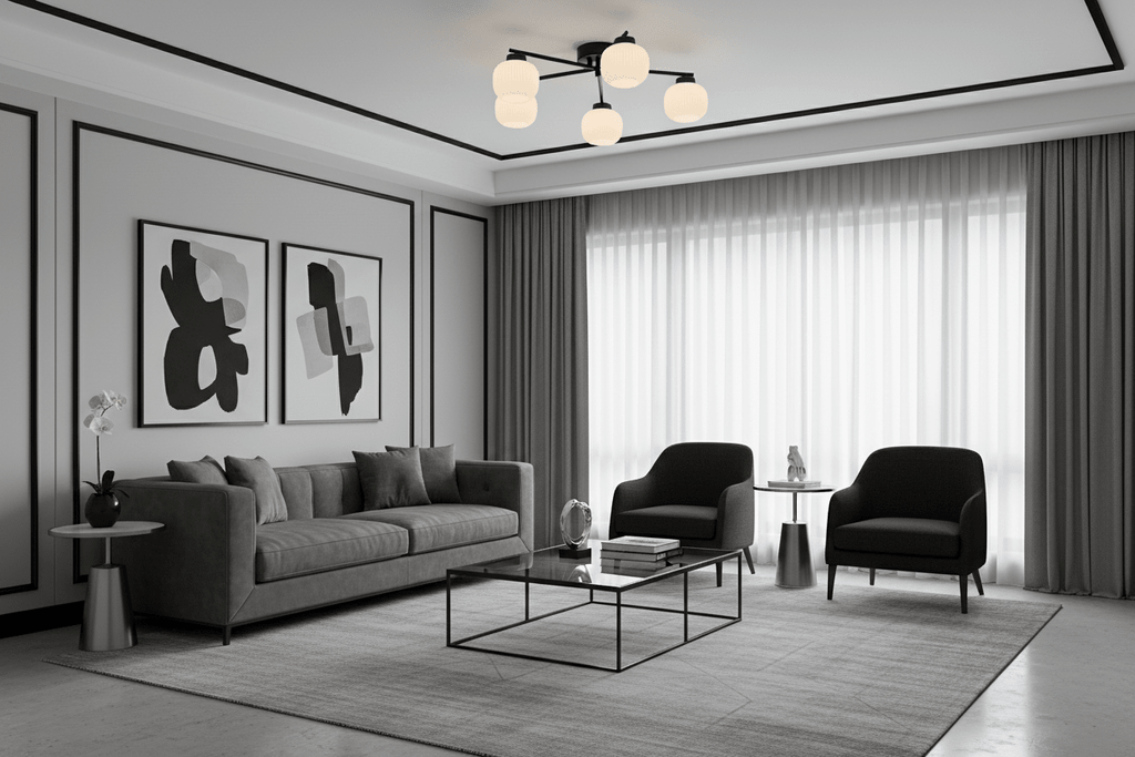 Oaks Lighting - Hadden Hadden 5 Light Semi Flush Black Framework and Opal Ribbed Glass, 5x G9 Bulbs - Luminosity Designs Ltd