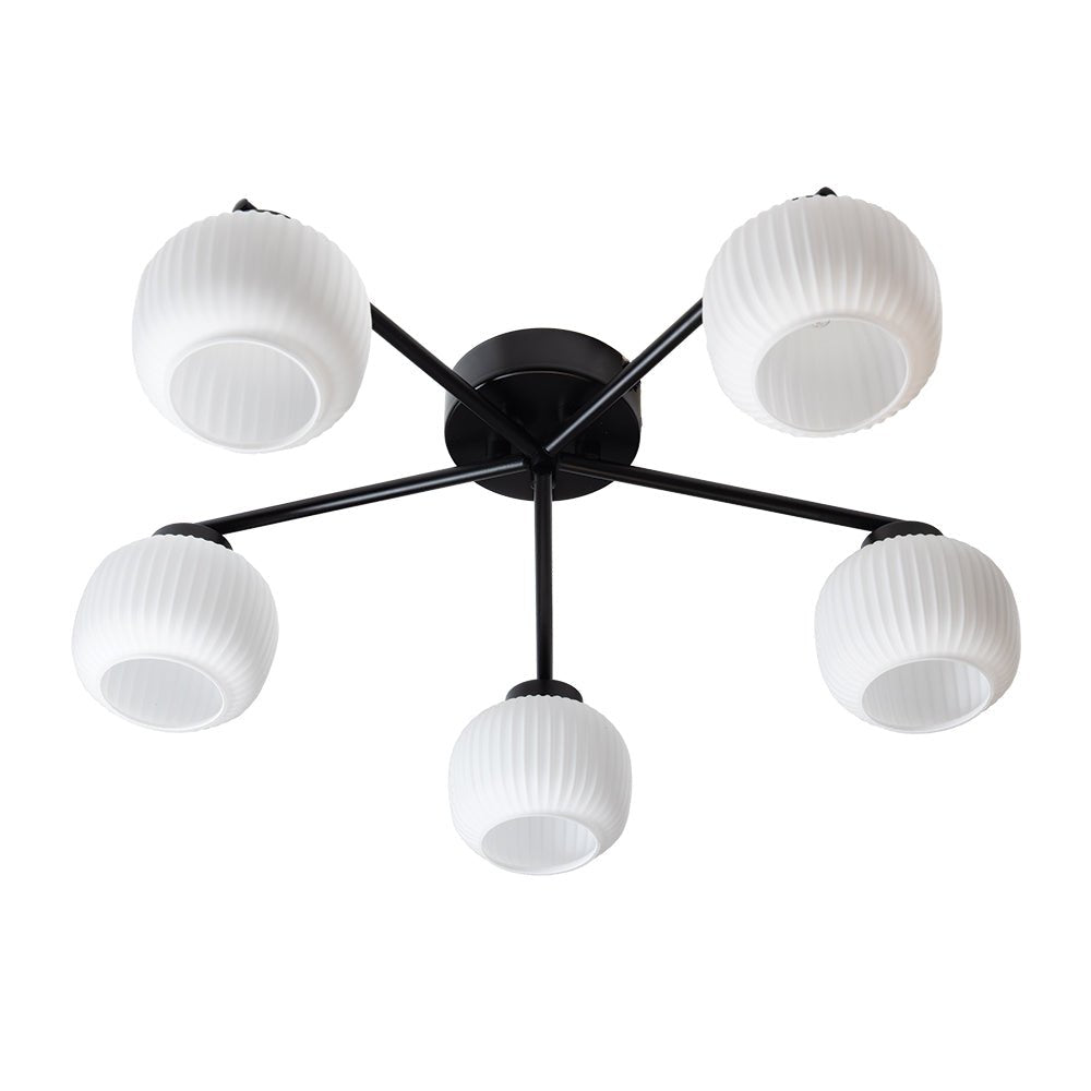 Oaks Lighting - Hadden Hadden 5 Light Semi Flush Black Framework and Opal Ribbed Glass, 5x G9 Bulbs - Luminosity Designs Ltd