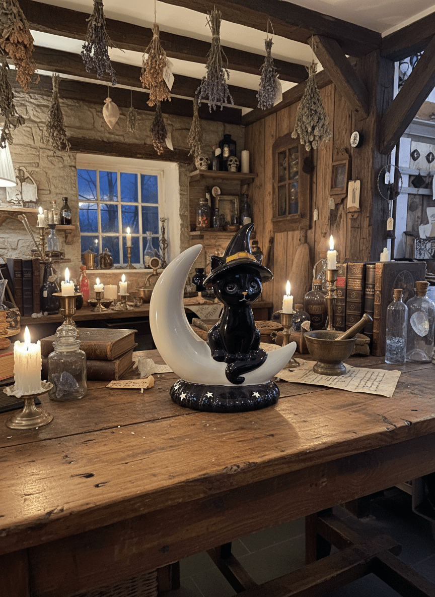 Luminosity Designs - Halloween Cat on Moon Ceramic Figure - Luminosity Designs Ltd