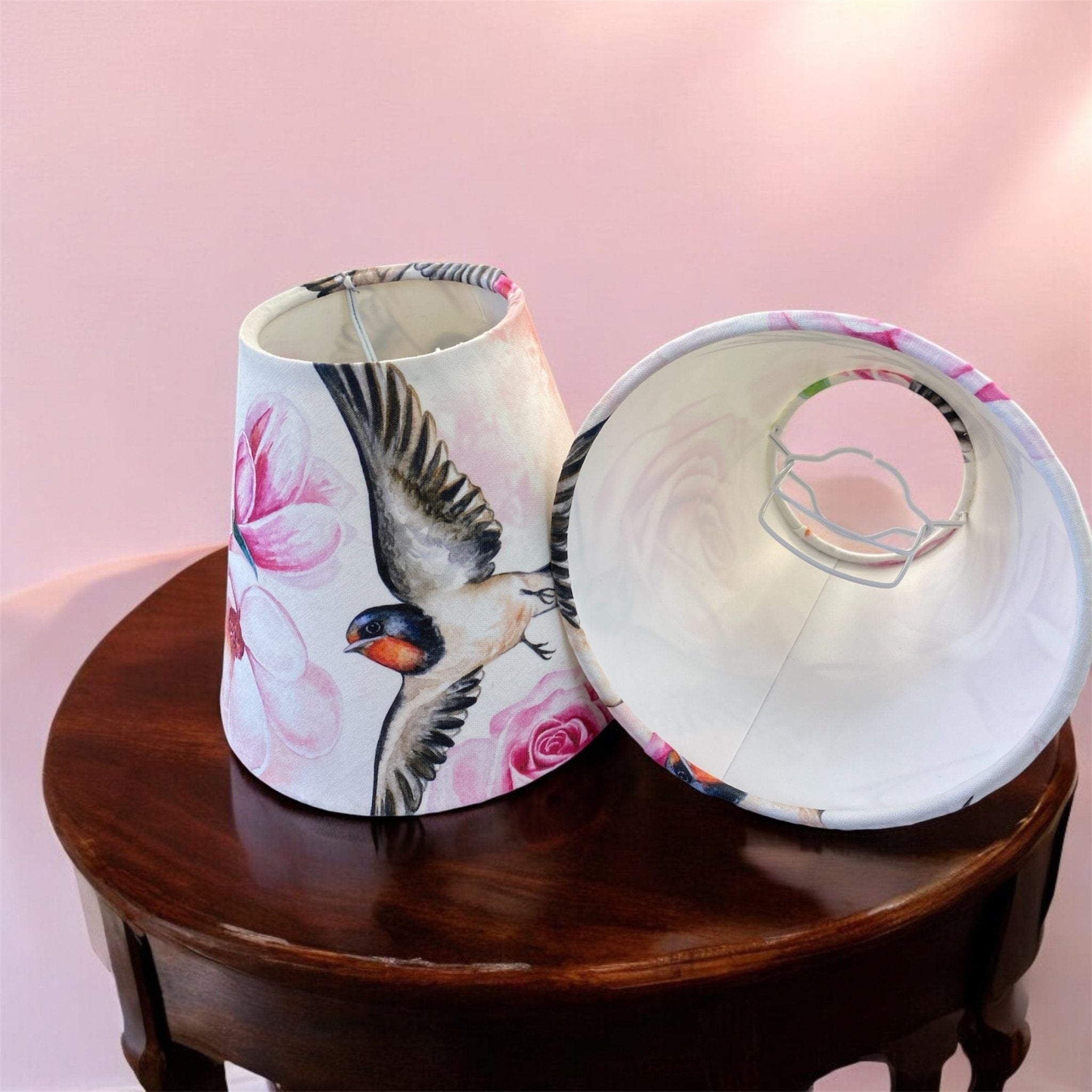 Luminosity Designs - Hand Crafted Candle Clip 6” Lampshade - Pink Vintage Birds - Luminosity Designs Ltd
