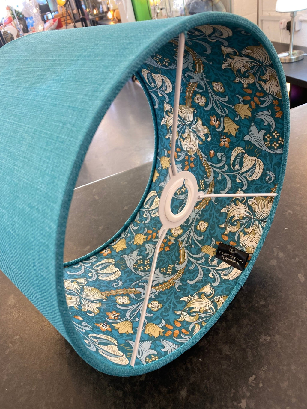 Luminosity Designs - Hand Crafted Drum Lampshade - Teal William Morris - Luminosity Designs Ltd
