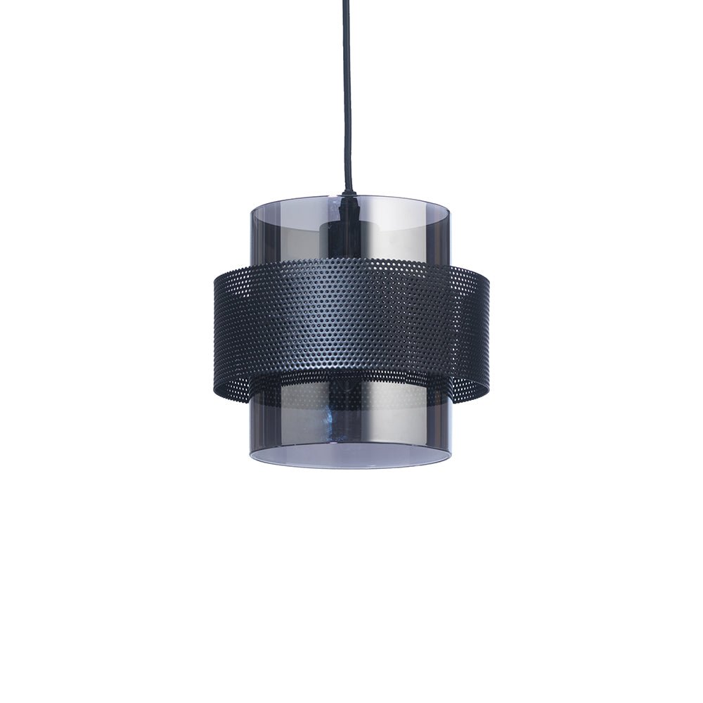 Oaks Lighting - Hasden Medium Chrome Glass Drum Pendant With Black Mesh Detailing, 1x E27 - Luminosity Designs Ltd