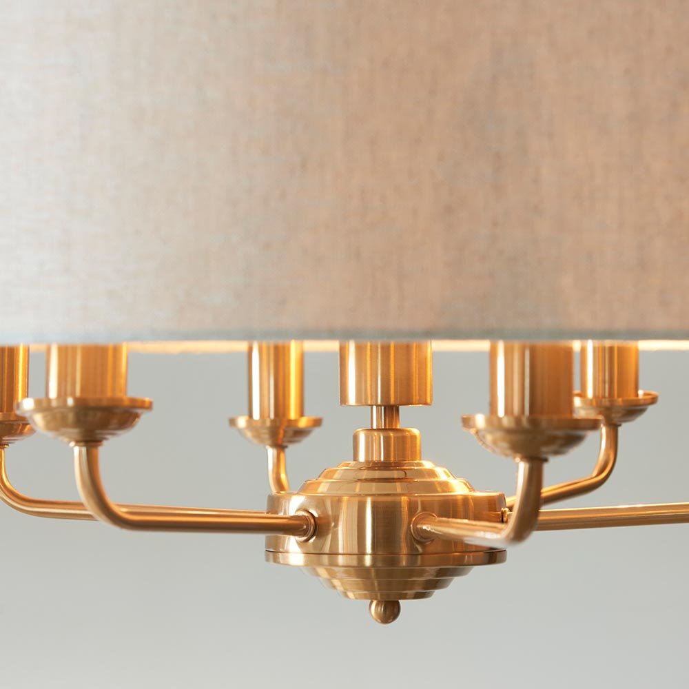 Endon - Highclere Armed 6 Light Pendant in Vintage Brass with a Surrounding Natural Linen Shade, 6x E14 - Luminosity Designs Ltd