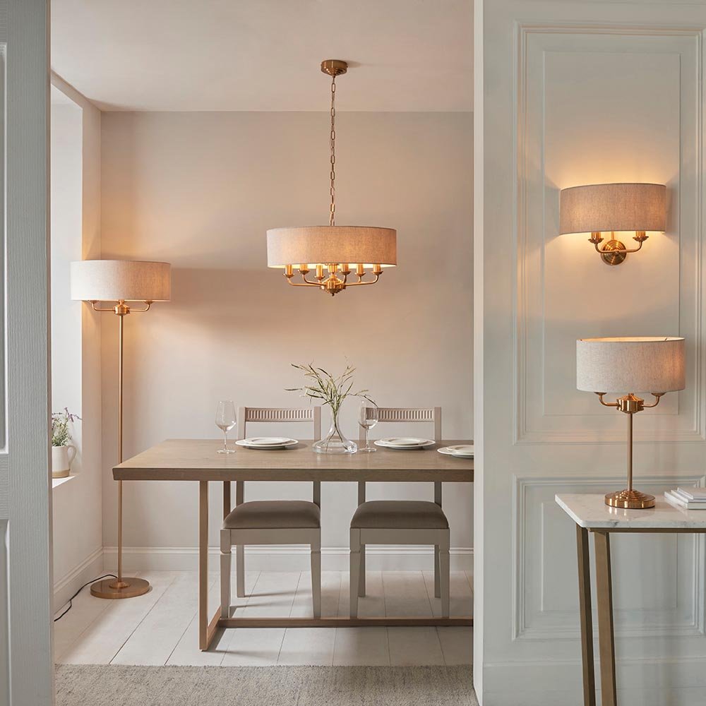 Endon - Highclere Armed 6 Light Pendant in Vintage Brass with a Surrounding Natural Linen Shade, 6x E14 - Luminosity Designs Ltd