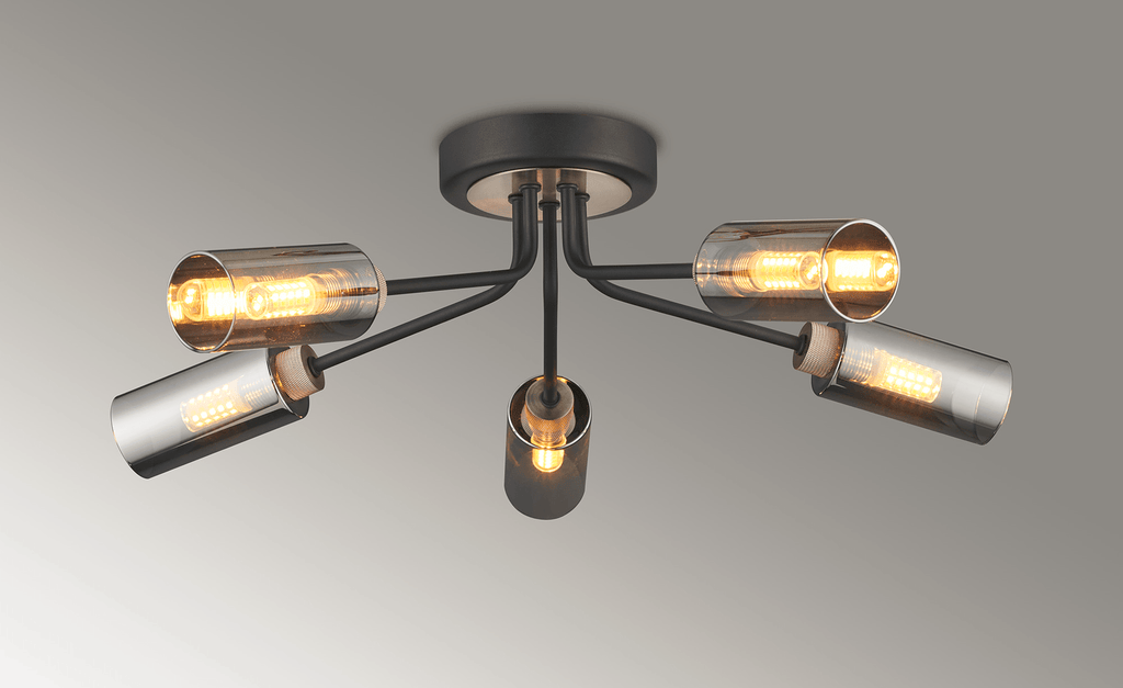 Luminosity Designs Ltd - Holly Flush 5 Light Ceiling Fitting With Smoked Tubular Glass Shades - Luminosity Designs Ltd
