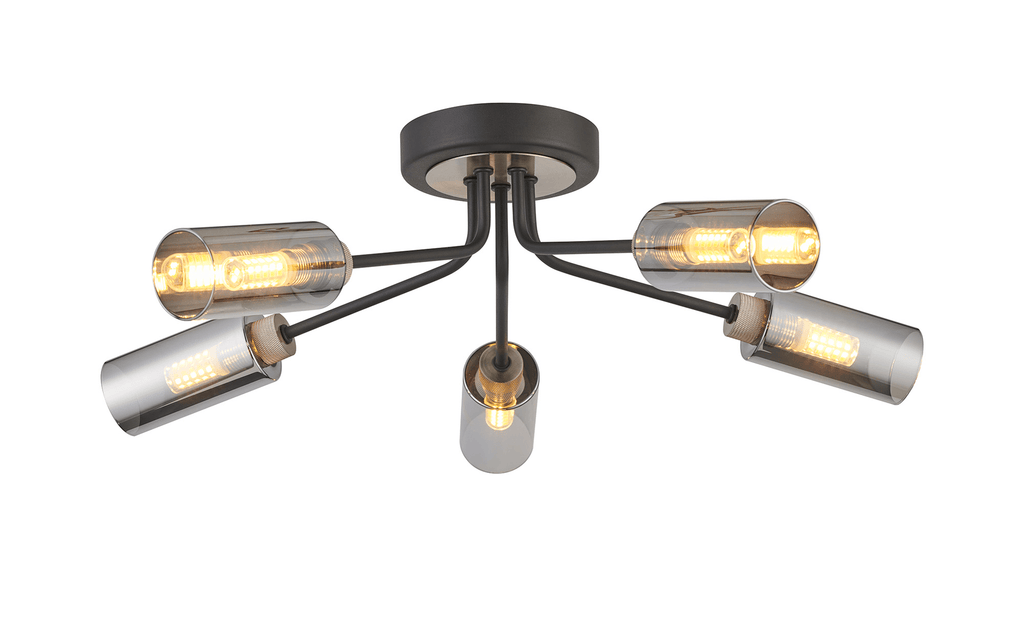 Luminosity Designs Ltd - Holly Flush 5 Light Ceiling Fitting With Smoked Tubular Glass Shades - Luminosity Designs Ltd