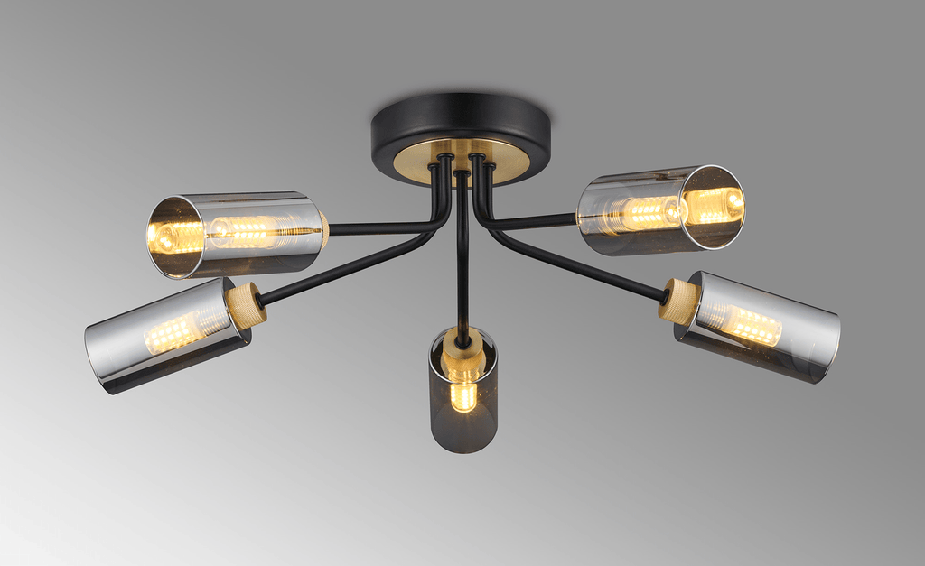 Luminosity Designs Ltd - Holly Flush 5 Light Ceiling Fitting With Smoked Tubular Glass Shades - Luminosity Designs Ltd