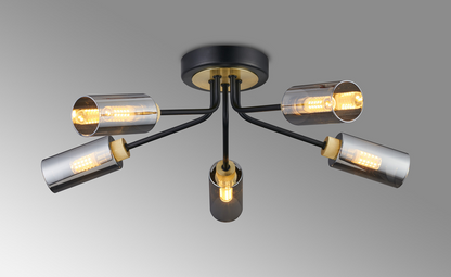 Holly Flush 5 Light Ceiling Fitting With Smoked Tubular Glass Shades