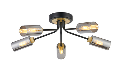 Holly Flush 5 Light Ceiling Fitting With Smoked Tubular Glass Shades