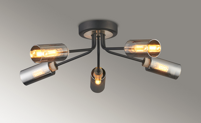 Holly Flush 5 Light Ceiling Fitting With Smoked Tubular Glass Shades