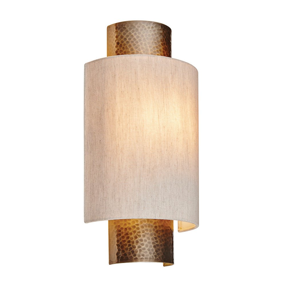 Endon - Indara Semi Flush Wall Light in Hammered Antique Brass with Linen Shade, Handmade. 1x ES Bulbs - Luminosity Designs Ltd
