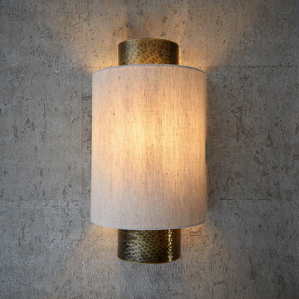 Endon - Indara Semi Flush Wall Light in Hammered Antique Brass with Linen Shade, Handmade. 1x ES Bulbs - Luminosity Designs Ltd