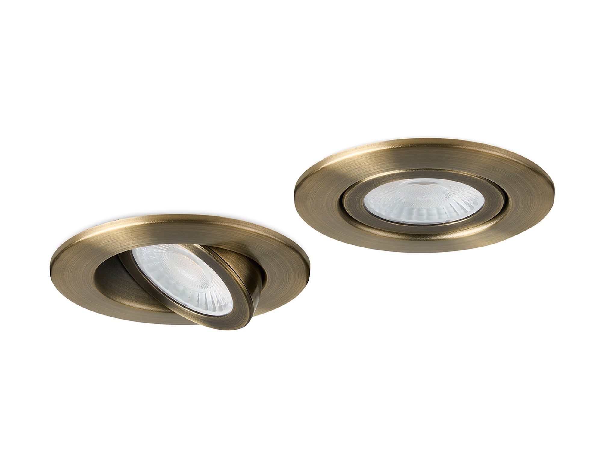 Two gold recessed lighting fixtures on a white background