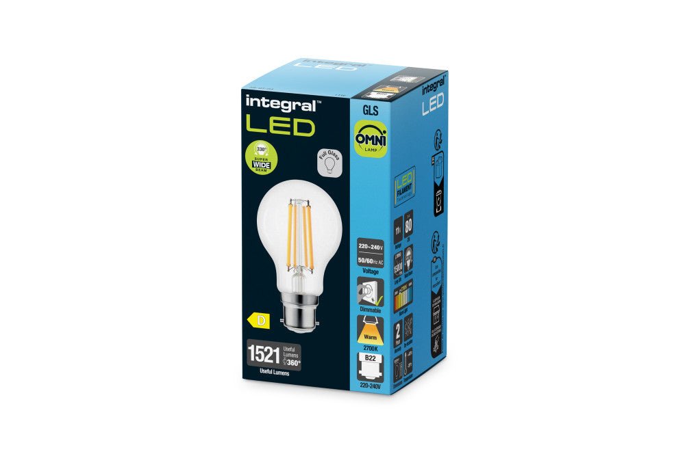Integral Warm White 2700k , 11w Extra Bright Dimmable LED GLS , Filament Bulb (1521 lm) 100w Equiv - Luminosity Designs Ltd