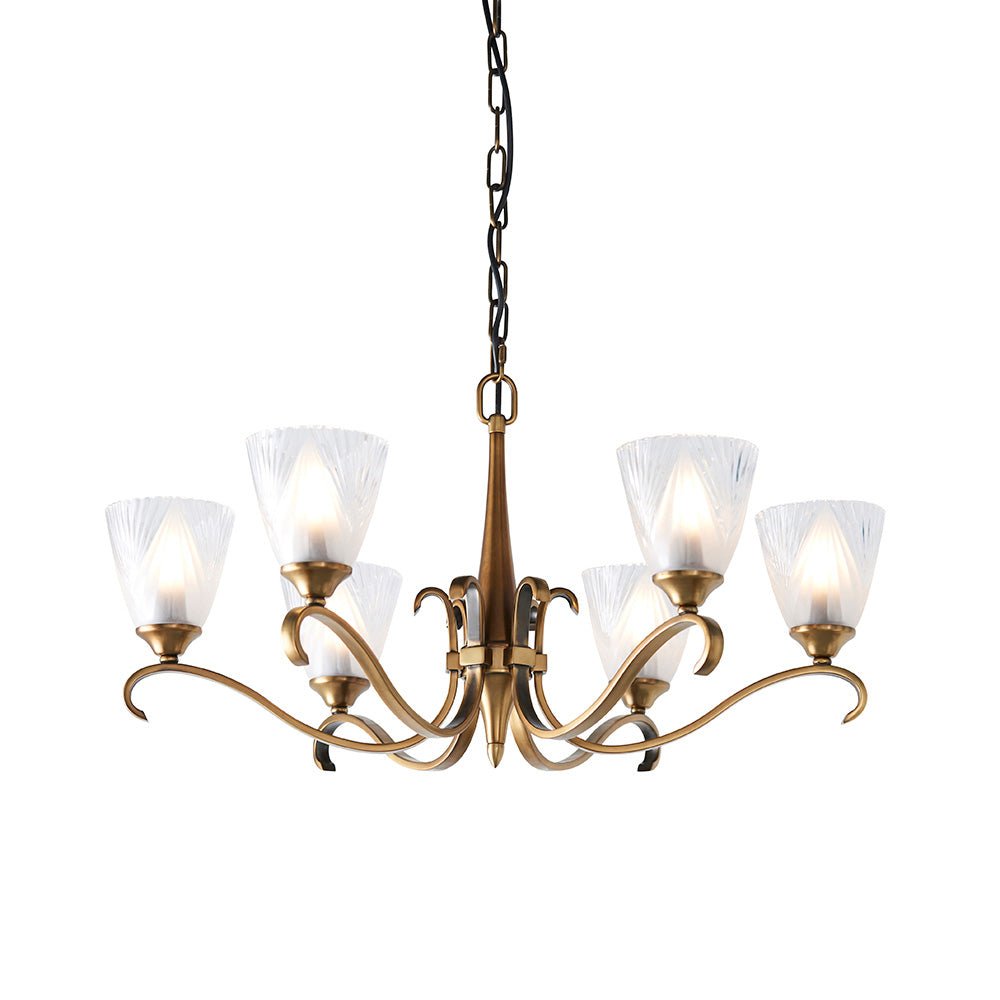 Endon - Interiors 1900 Columbia Antique Brass and Glass Finish Chandelier, 6x E14 - Luminosity Designs Ltd