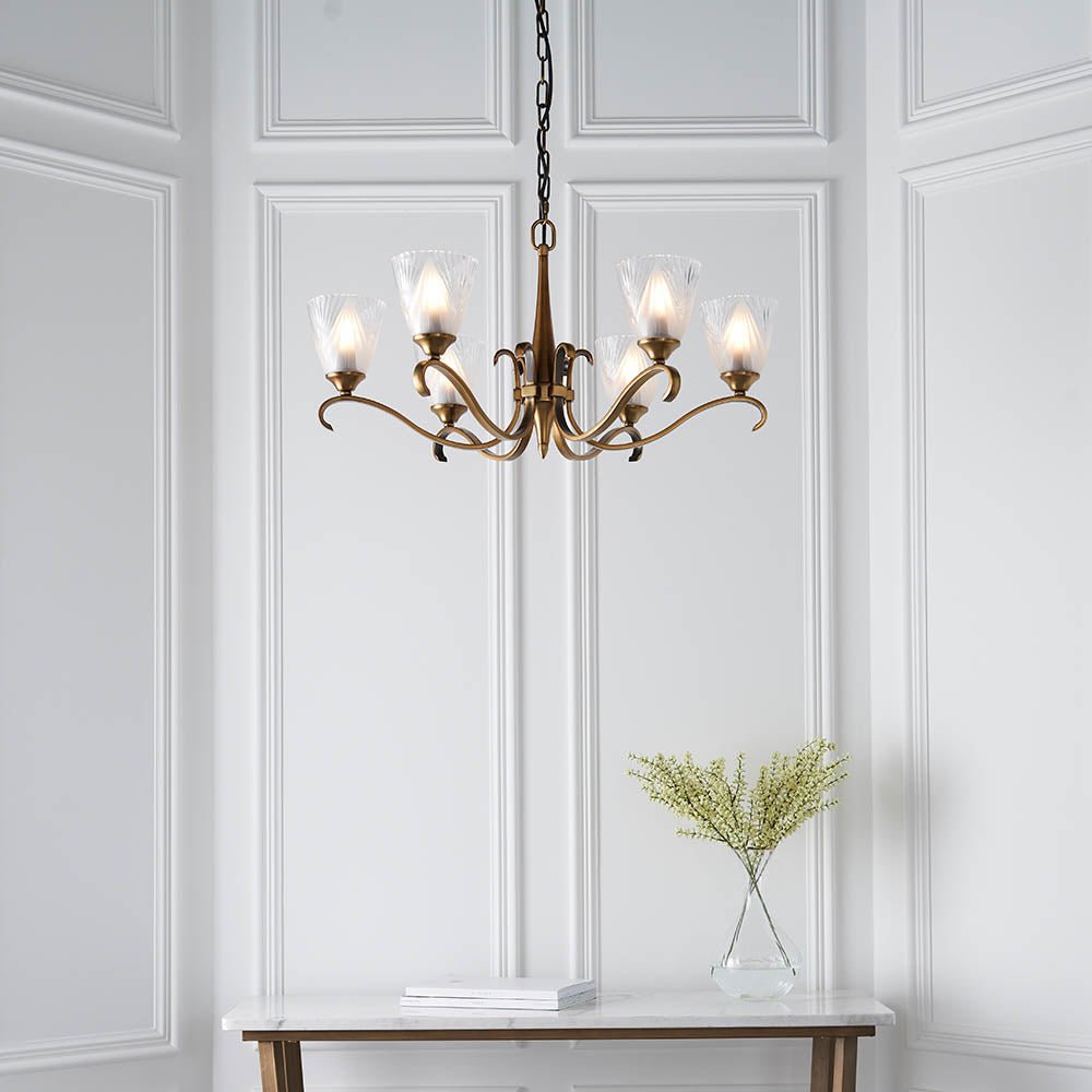 Endon - Interiors 1900 Columbia Antique Brass and Glass Finish Chandelier, 6x E14 - Luminosity Designs Ltd