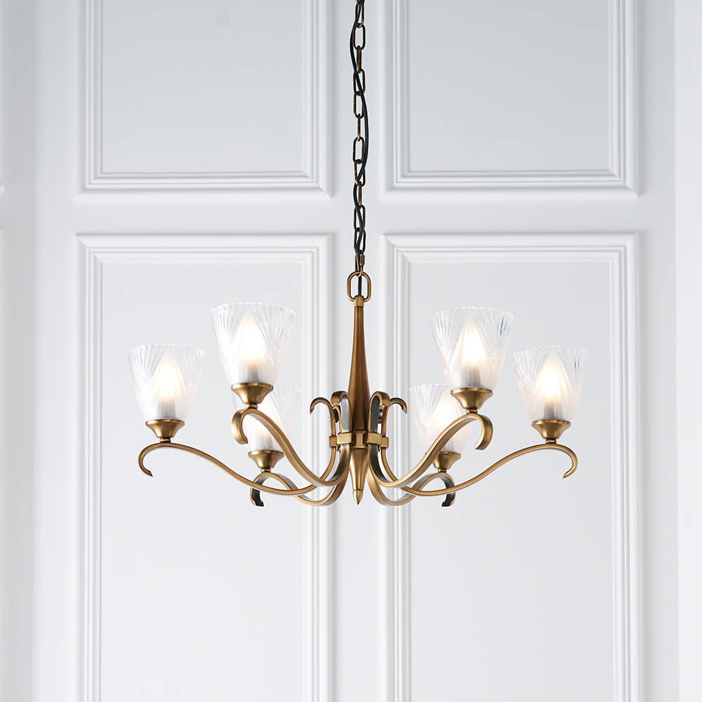 Endon - Interiors 1900 Columbia Antique Brass and Glass Finish Chandelier, 6x E14 - Luminosity Designs Ltd