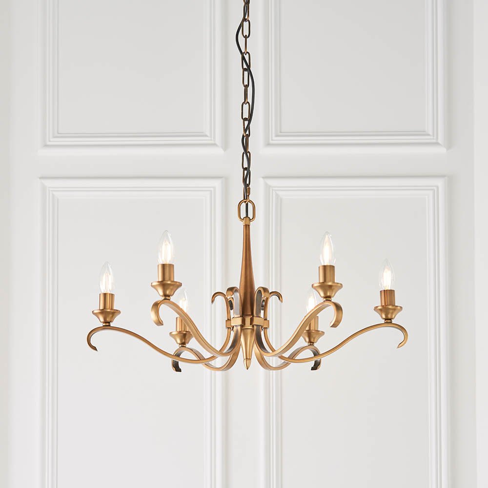 Endon - Interiors 1900 Columbia Antique Brass and Glass Finish Chandelier, 6x E14 - Luminosity Designs Ltd