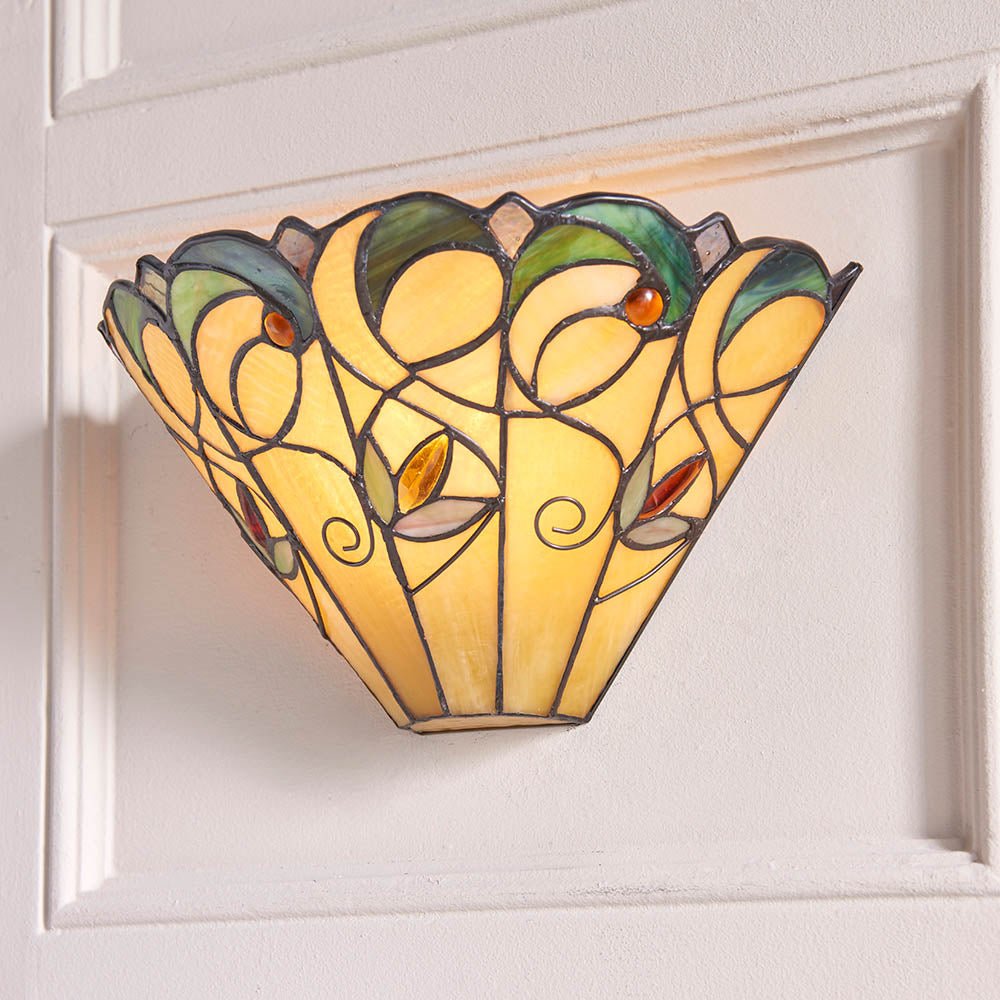 Tiffany - Jamelia Tiffany Glass Semi Flush Wall Light in Ivory and Green with Bronze Trim. 1x ses Bulb - Luminosity Designs Ltd