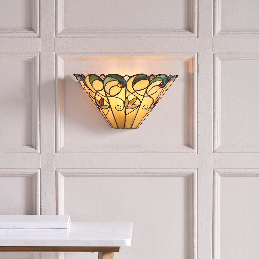 Tiffany - Jamelia Tiffany Glass Semi Flush Wall Light in Ivory and Green with Bronze Trim. 1x ses Bulb - Luminosity Designs Ltd