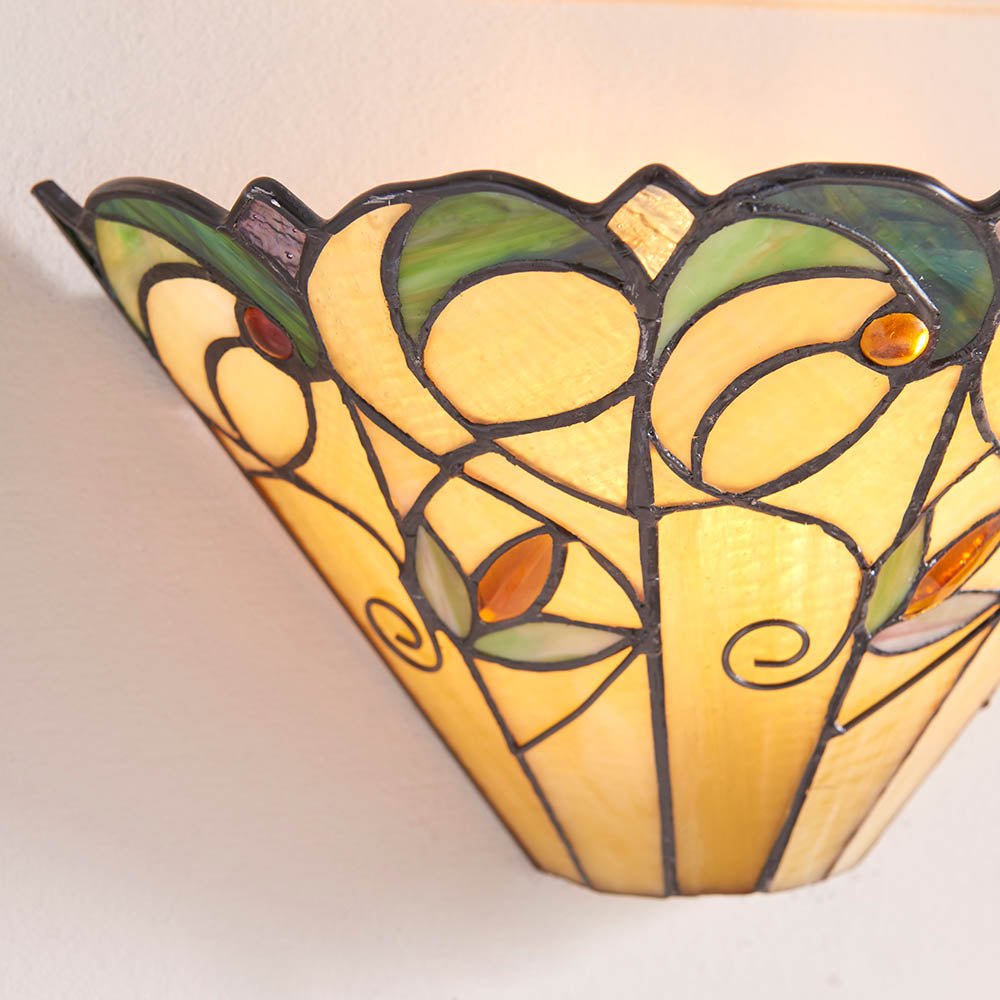Tiffany - Jamelia Tiffany Glass Semi Flush Wall Light in Ivory and Green with Bronze Trim. 1x ses Bulb - Luminosity Designs Ltd