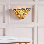 Tiffany - Jamelia Tiffany Glass Semi Flush Wall Light in Ivory and Green with Bronze Trim. 1x ses Bulb - Luminosity Designs Ltd