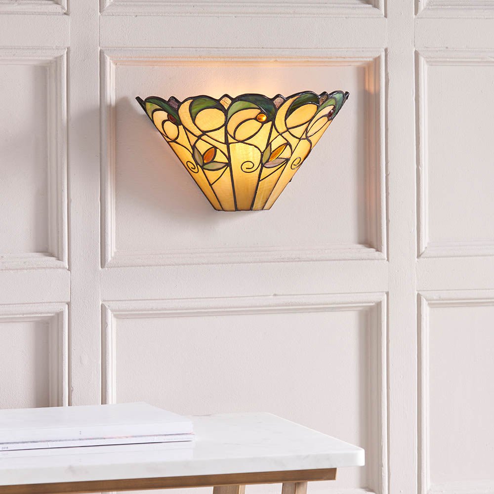 Tiffany - Jamelia Tiffany Glass Semi Flush Wall Light in Ivory and Green with Bronze Trim. 1x ses Bulb - Luminosity Designs Ltd