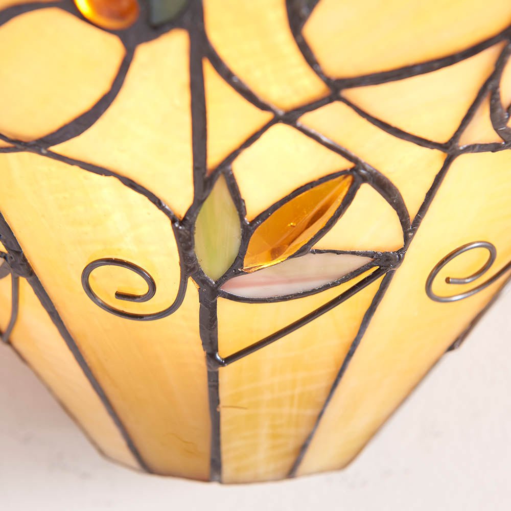 Tiffany - Jamelia Tiffany Glass Semi Flush Wall Light in Ivory and Green with Bronze Trim. 1x ses Bulb - Luminosity Designs Ltd