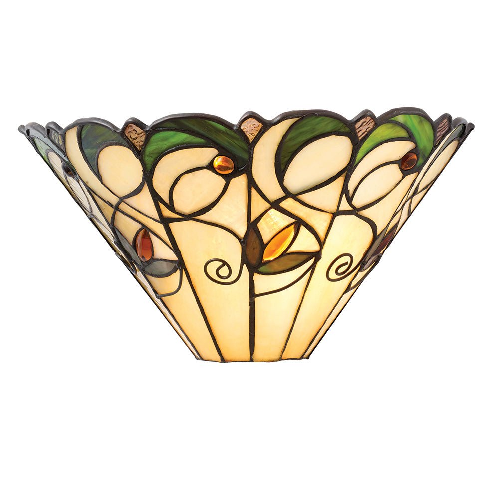 Tiffany - Jamelia Tiffany Glass Semi Flush Wall Light in Ivory and Green with Bronze Trim. 1x ses Bulb - Luminosity Designs Ltd