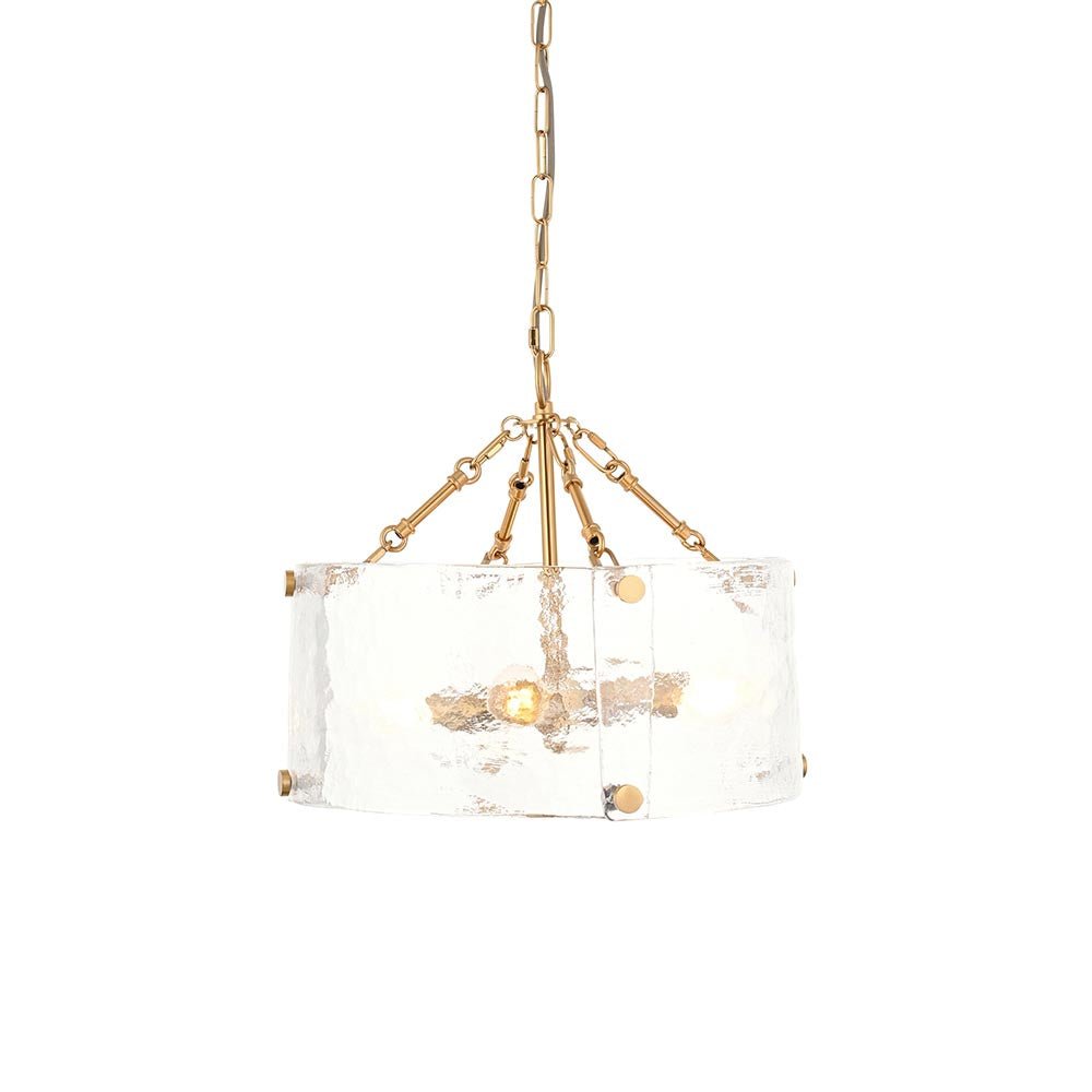 Keller Hand Pulled Artisan Glass Pendant with Aged Brass Framework, 4 light fitting.