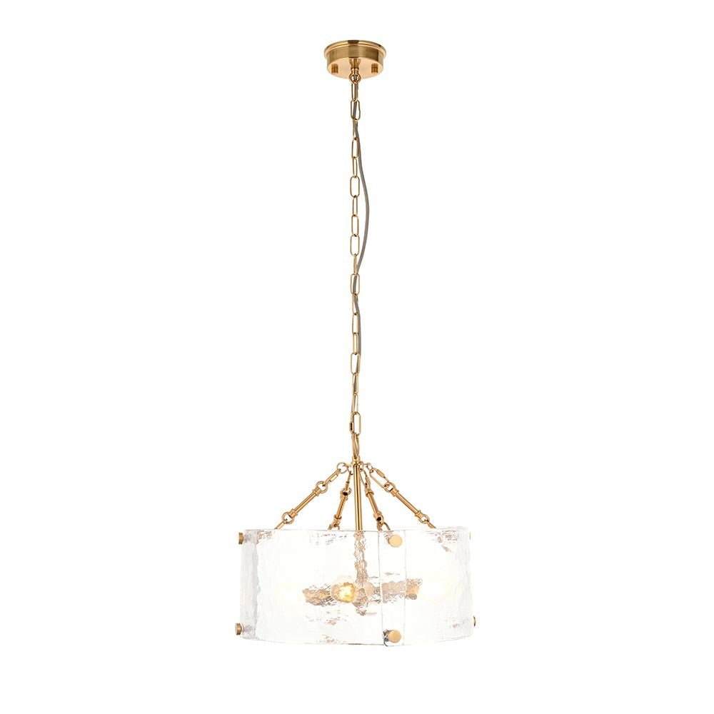 Keller Hand Pulled Artisan Glass Pendant with Aged Brass Framework, 4 light fitting. Full length
