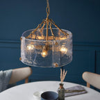 Keller Hand Pulled Artisan Glass Pendant with Aged Brass Framework, 4 light fitting.