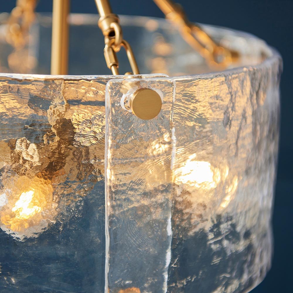 Keller Hand Pulled Artisan Glass Pendant with Aged Brass Framework, 4 light fitting. Close up