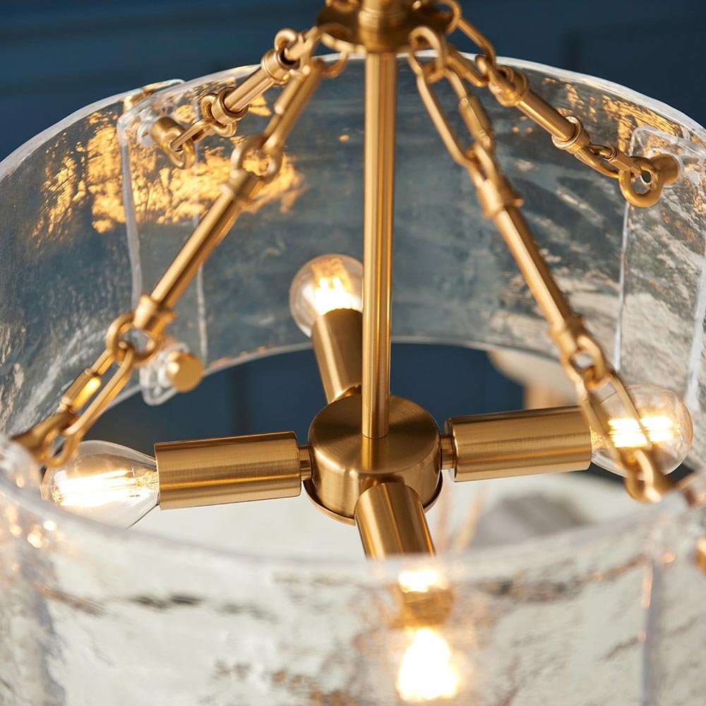 Keller Hand Pulled Artisan Glass Pendant with Aged Brass Framework, 4 light fitting. Frame Close Up