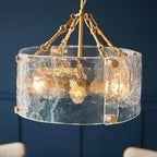Keller Hand Pulled Artisan Glass Pendant with Aged Brass Framework, 4 light fitting.