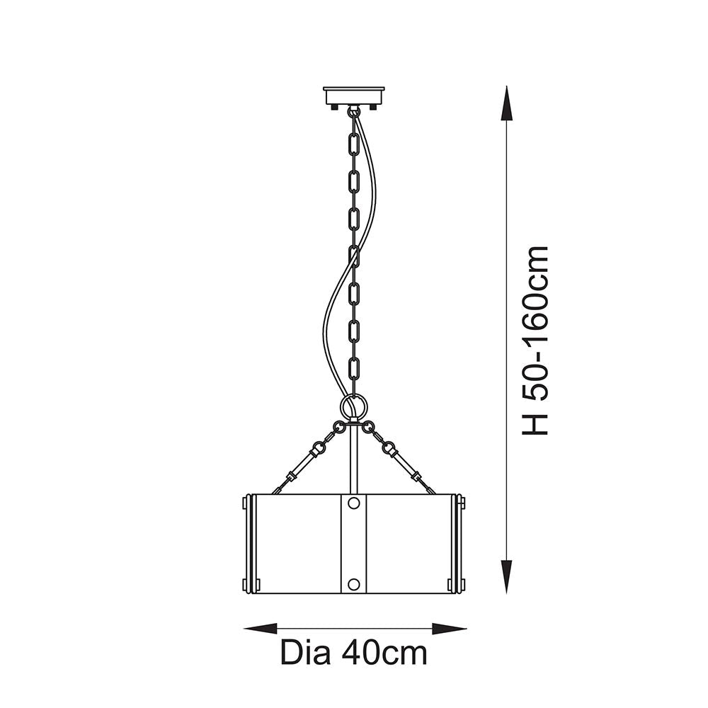 Keller Hand Pulled Artisan Glass Pendant with Aged Brass Framework, 4 light fitting. Specification diagram