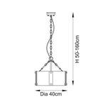 Keller Hand Pulled Artisan Glass Pendant with Aged Brass Framework, 4 light fitting. Specification diagram