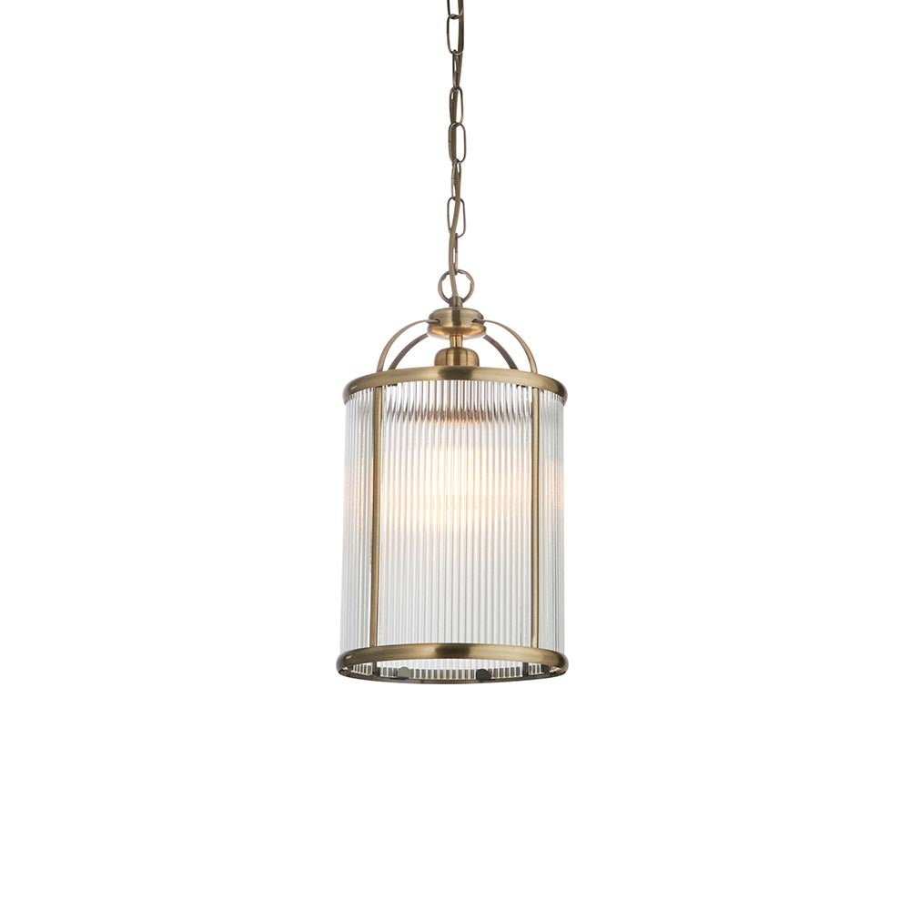 Endon - Lambeth Ceiling Light Pendant Lantern With Antique Brass Framework and Ribbed Glass Panel Shade, 1x E27 - Luminosity Designs Ltd