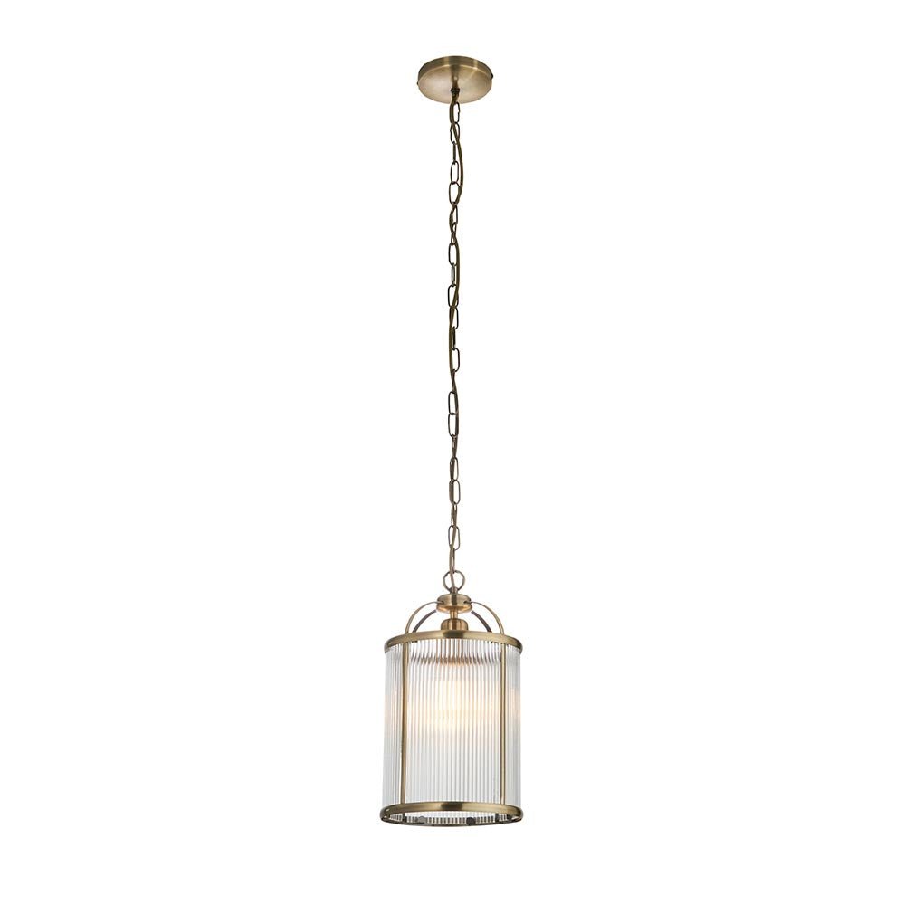 Endon - Lambeth Ceiling Light Pendant Lantern With Antique Brass Framework and Ribbed Glass Panel Shade, 1x E27 - Luminosity Designs Ltd