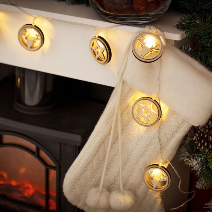 lse - LED Star and Reindeer Wooden Disk String Lights - Luminosity Designs Ltd