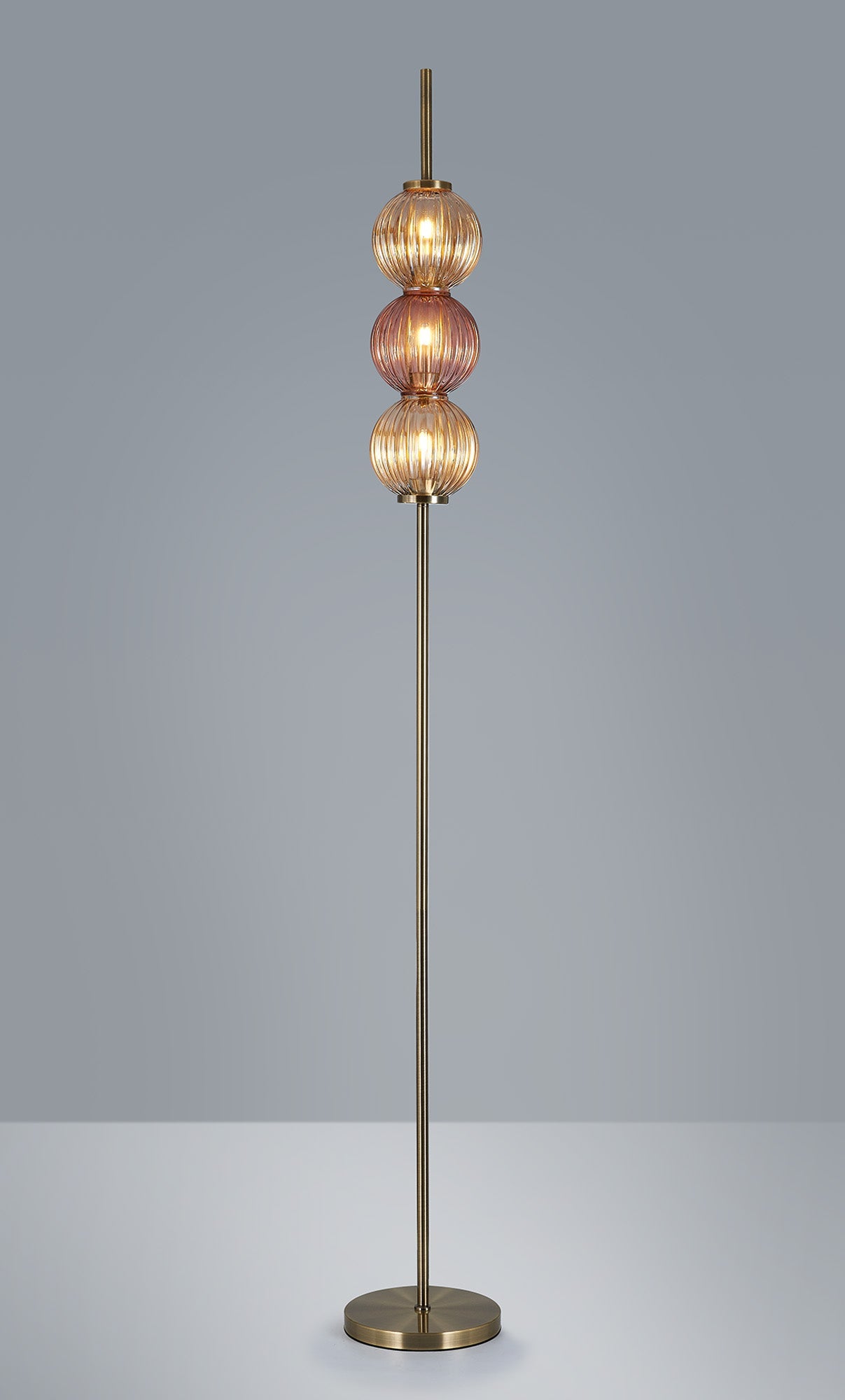 Luminosity Designs - Lustre Segmented Glass Globe Vertical Floor Lamp In An Antique Brass Framework, Amber and Blush, 3x G9 - Luminosity Designs Ltd