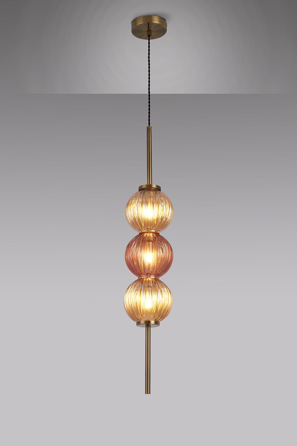 Luminosity Designs - Lustre Segmented Glass Globe Vertical Pendant In An Antique Brass Framework, Amber and Blush, 3x G9 - Luminosity Designs Ltd
