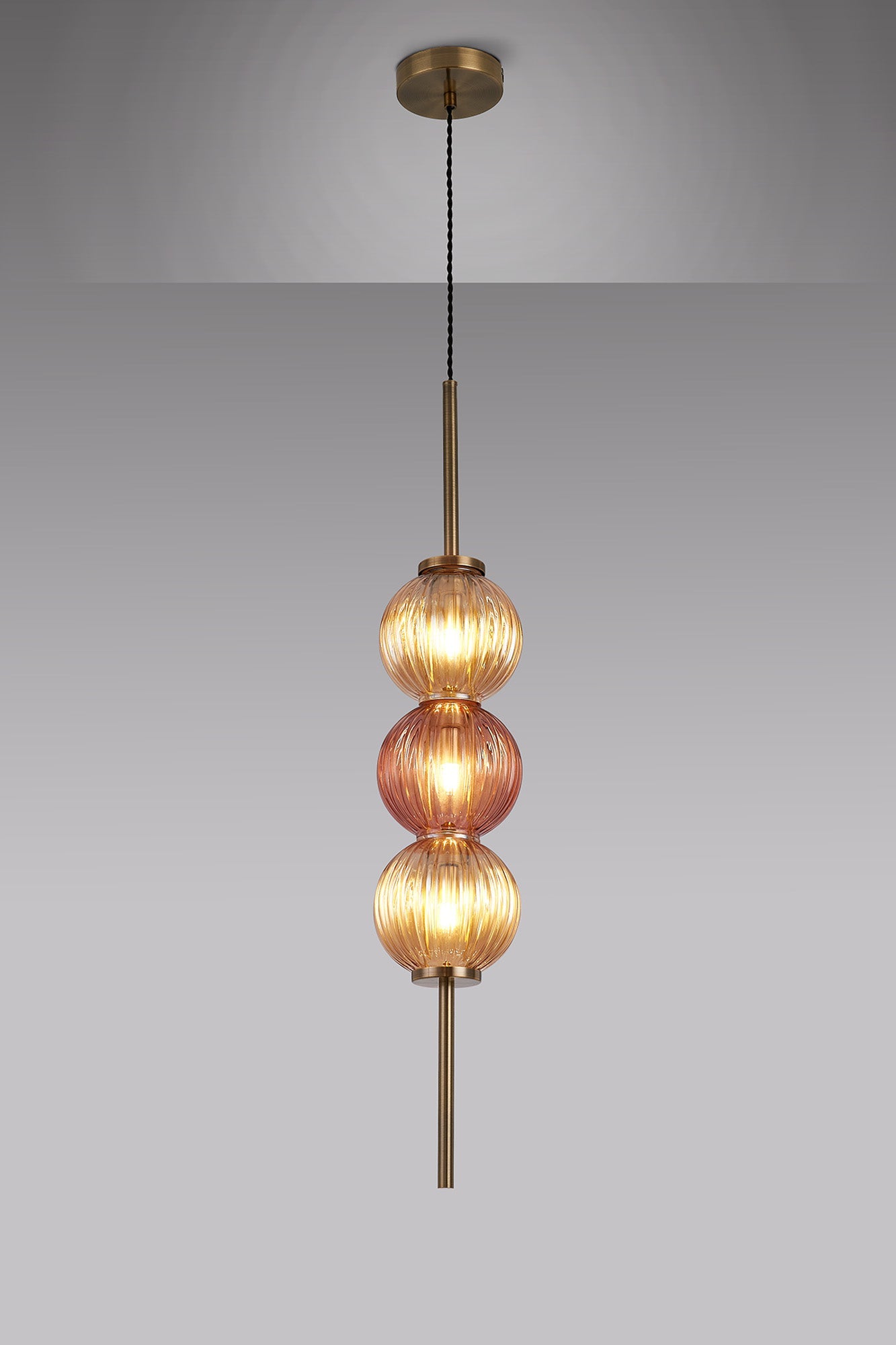 Luminosity Designs - Lustre Segmented Glass Globe Vertical Pendant In An Antique Brass Framework, Amber and Blush, 3x G9 - Luminosity Designs Ltd