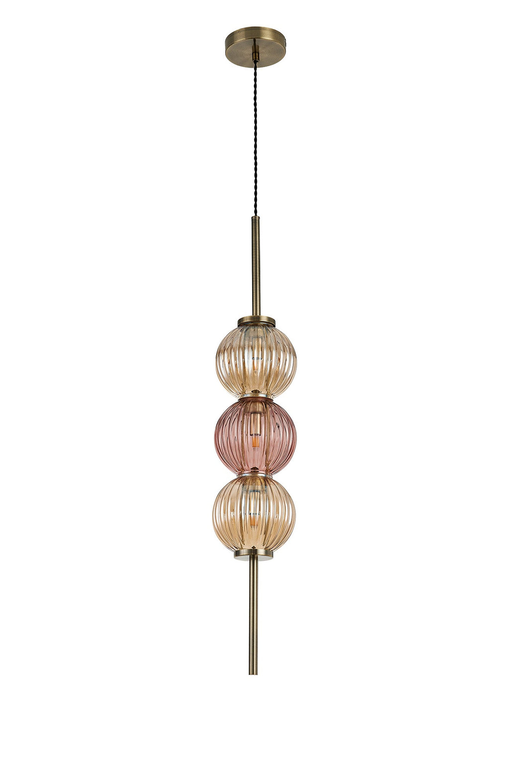 Luminosity Designs - Lustre Segmented Glass Globe Vertical Pendant In An Antique Brass Framework, Amber and Blush, 3x G9 - Luminosity Designs Ltd