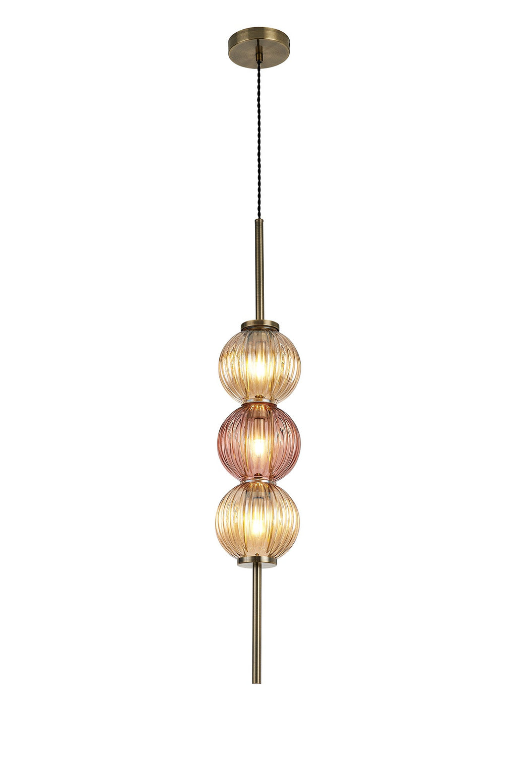 Luminosity Designs - Lustre Segmented Glass Globe Vertical Pendant In An Antique Brass Framework, Amber and Blush, 3x G9 - Luminosity Designs Ltd