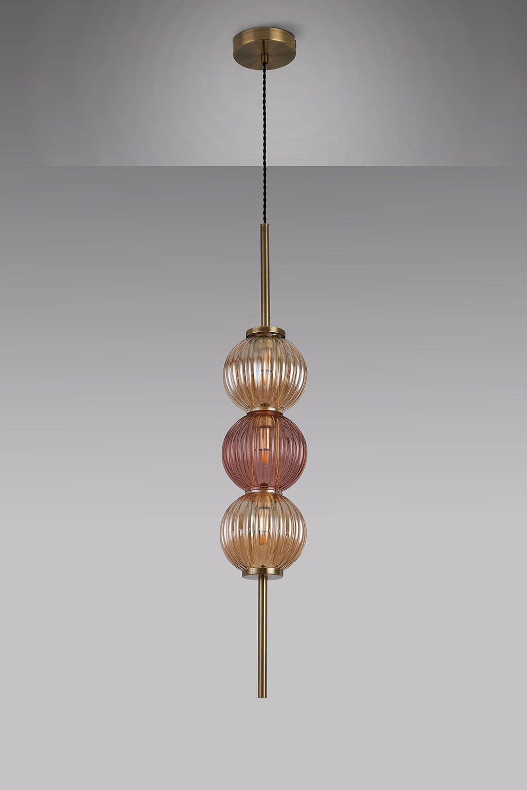 Luminosity Designs - Lustre Segmented Glass Globe Vertical Pendant In An Antique Brass Framework, Amber and Blush, 3x G9 - Luminosity Designs Ltd