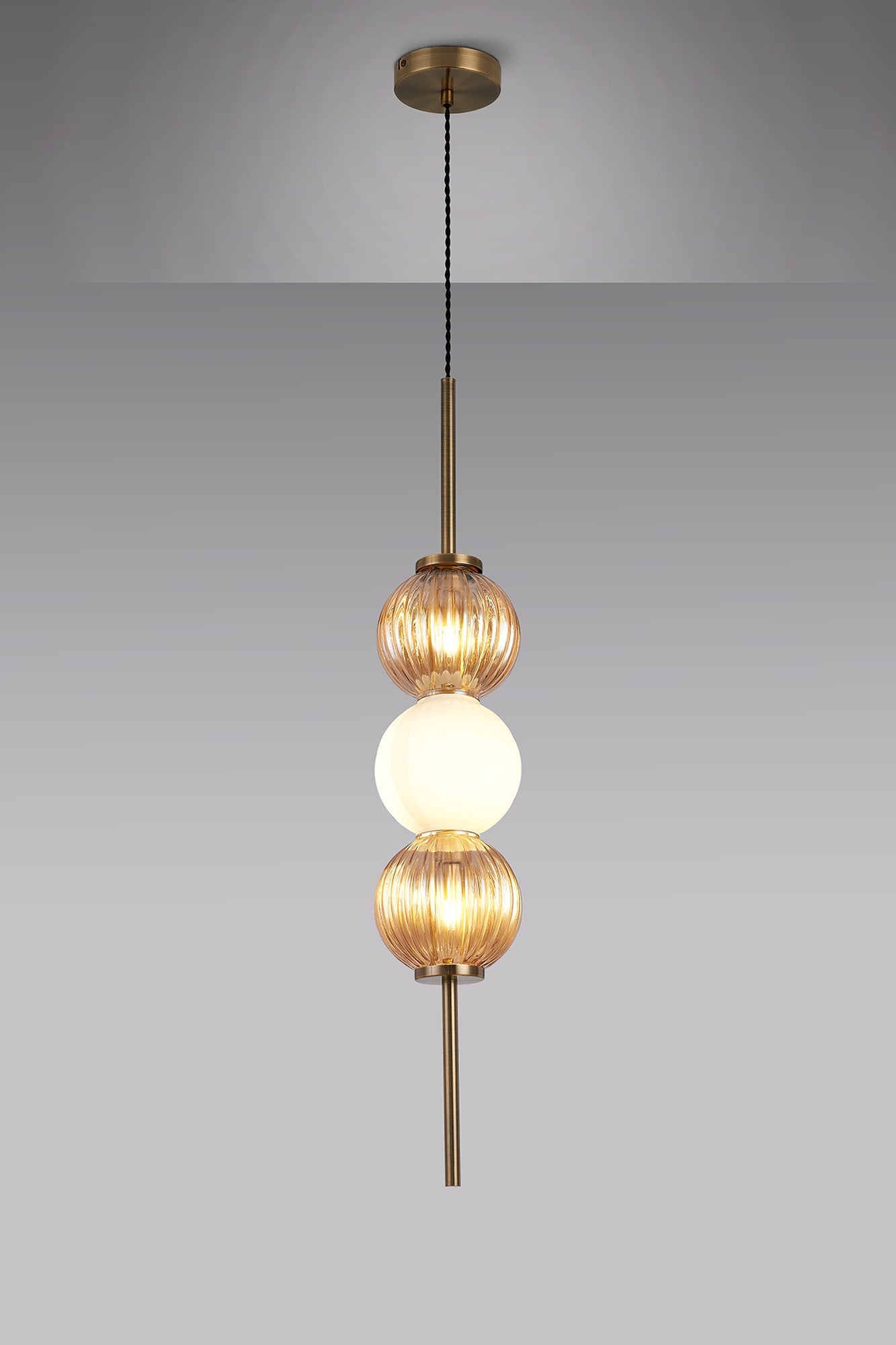 Luminosity Designs - Lustre Segmented Glass Globe Vertical Pendant In An Antique Brass Framework, Amber and Opal, 3x G9 - Luminosity Designs Ltd