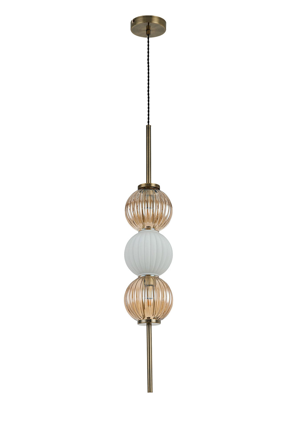 Luminosity Designs - Lustre Segmented Glass Globe Vertical Pendant In An Antique Brass Framework, Amber and Opal, 3x G9 - Luminosity Designs Ltd